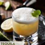 Tequila Sour with lime peel in low ball.