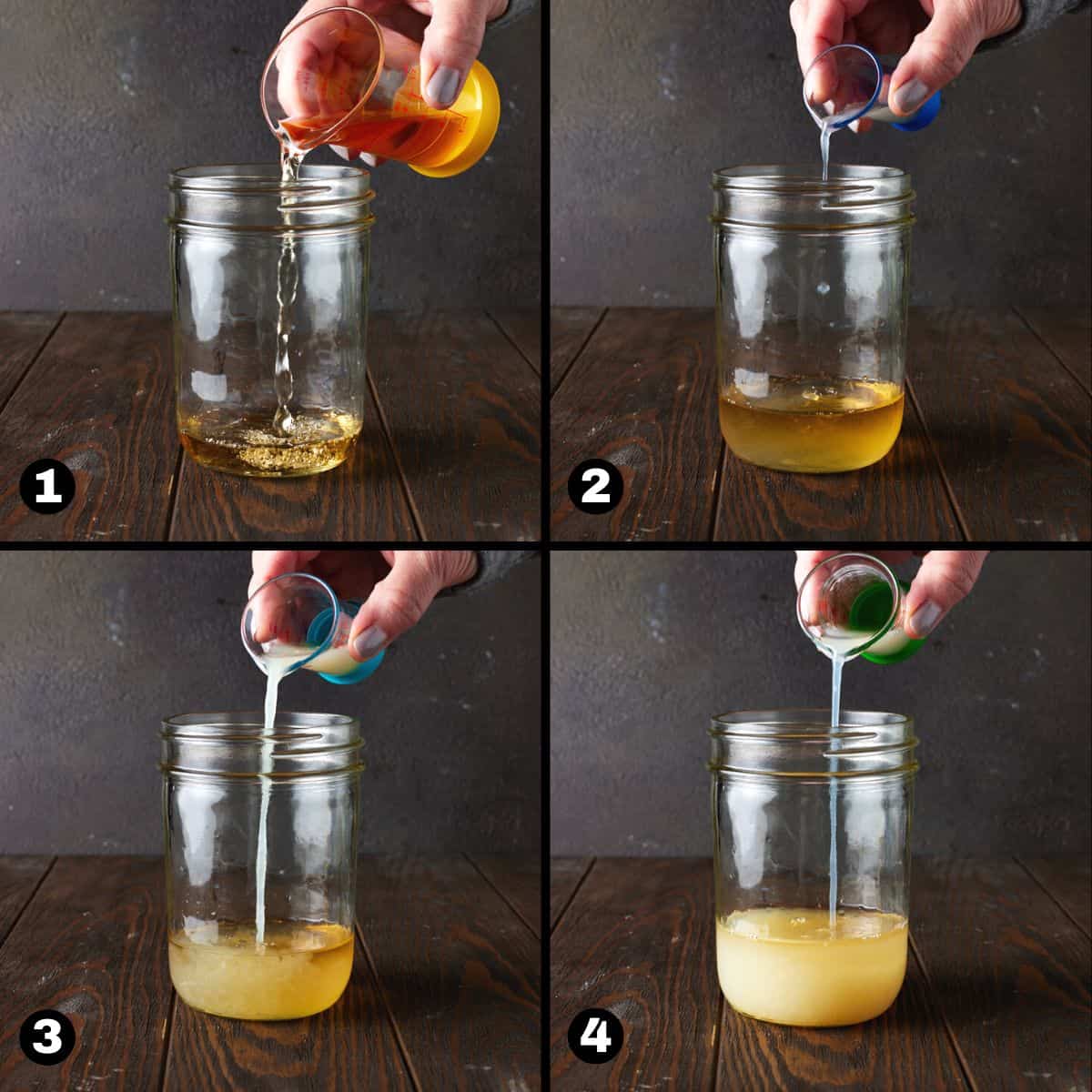 Steps 1-4 for making a tequila sour.