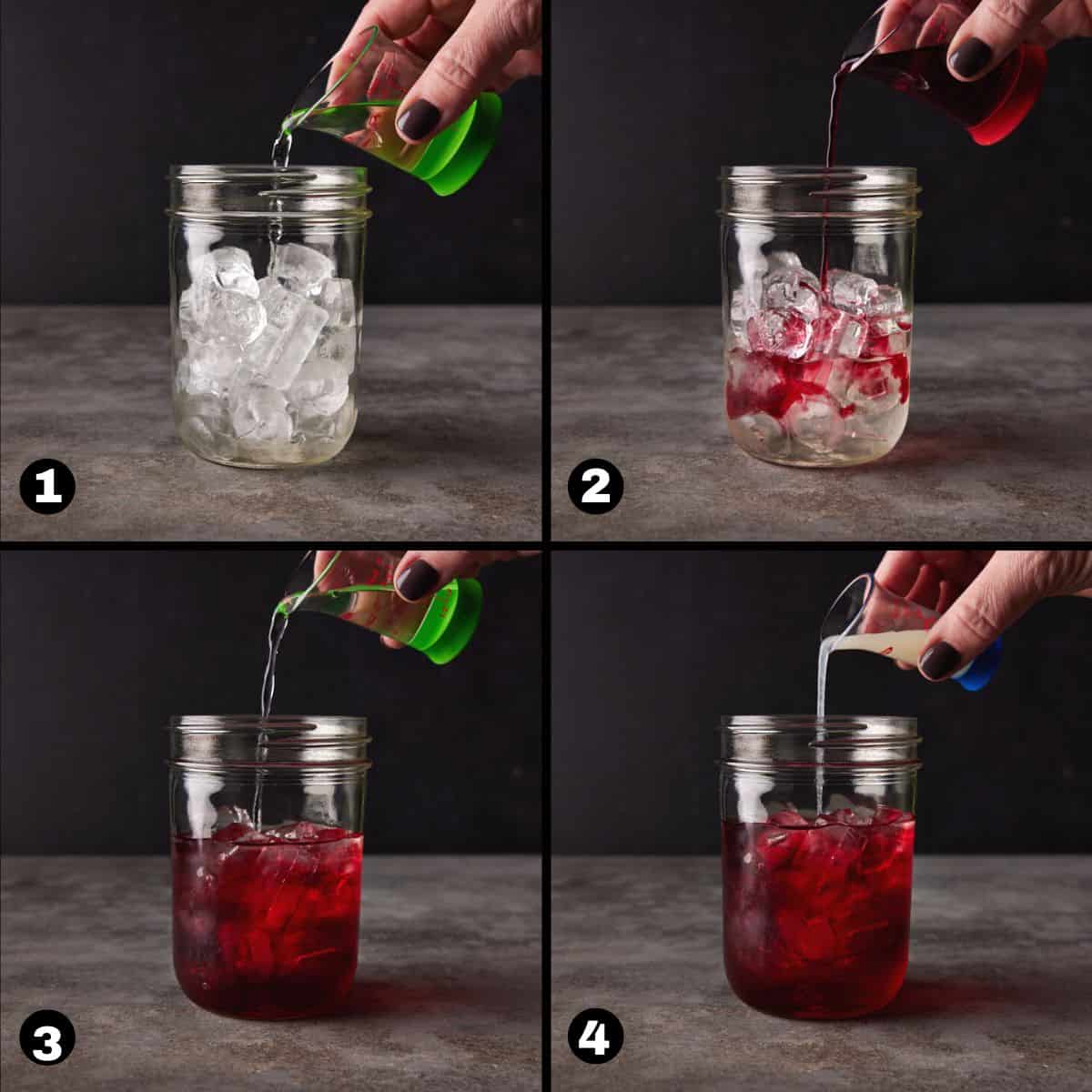 Steps 1-4 of making a cranberry margarita. Pouring liquors into shaker.