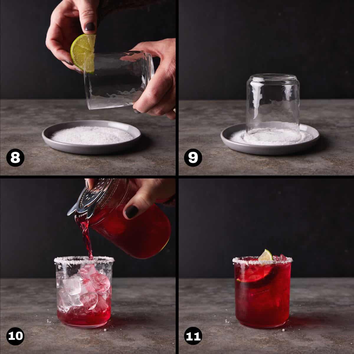 Salting the rim and pouring the margarita in a glass.