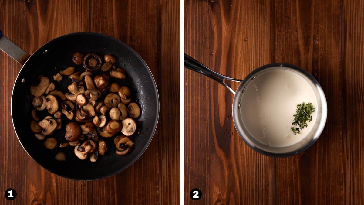 sauteed mushrooms in pan and cream sauce in sauce pan.