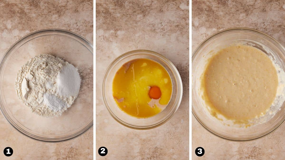 Glass bowls filled with flour, eggs and milk to make mini pancakes. 