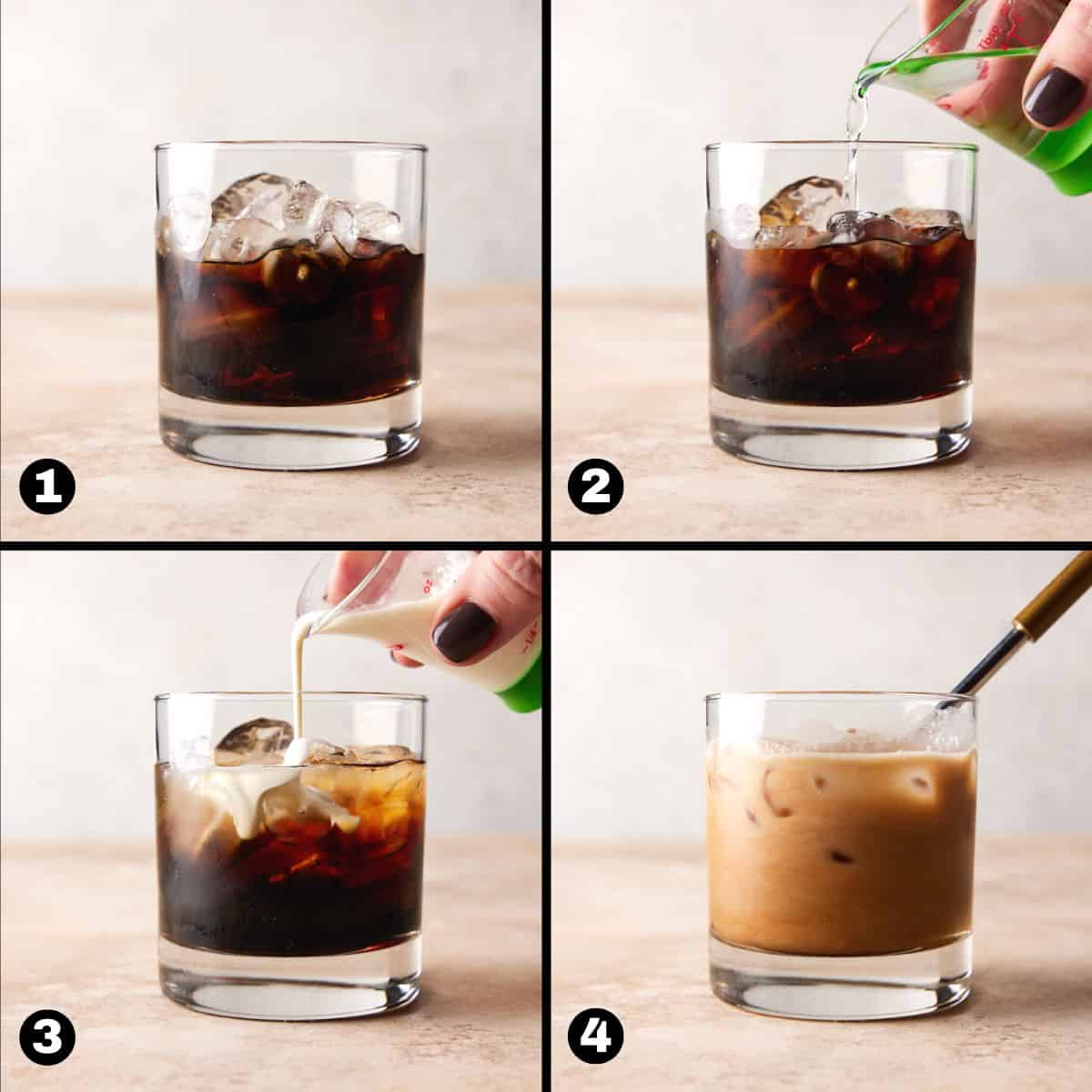 Steps 1-4 of making a Kahlua White Russian. Measuring liquids and stirring.