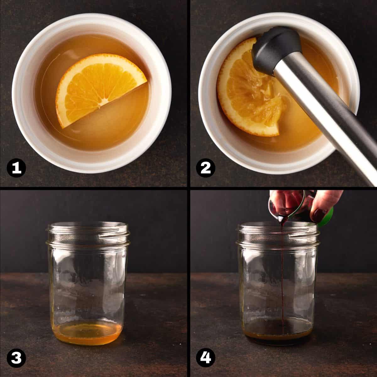 Orange wedge and syrup in bowl, muddled, and in jar with cherry juice being poured in.