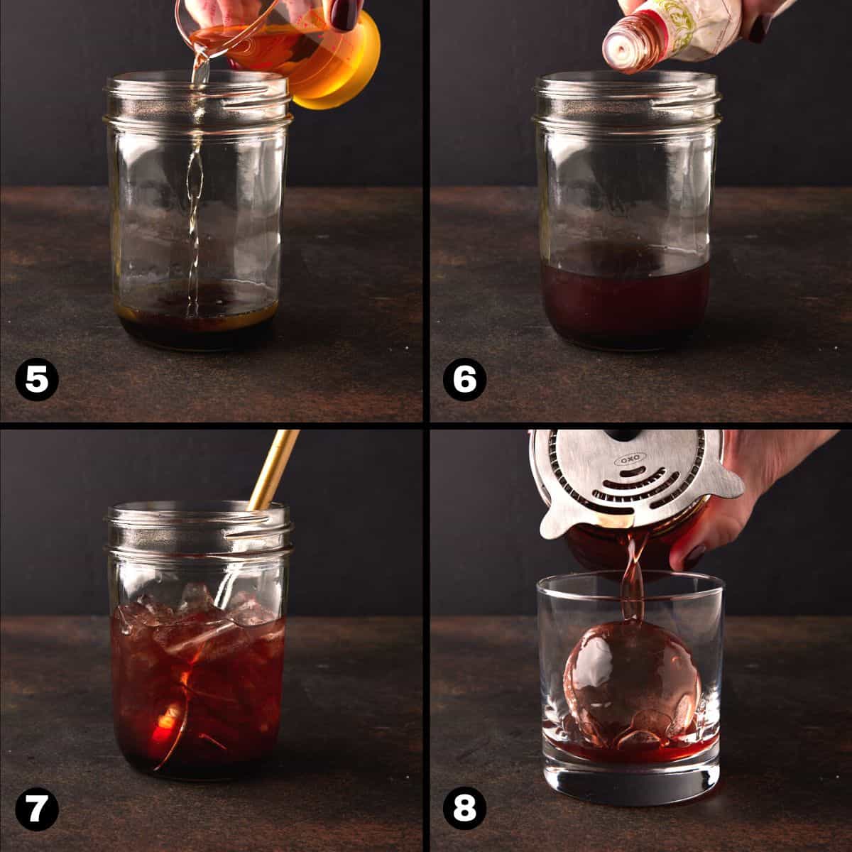 Pouring brandy into jar, stirring and pouring drink over large ice cube.