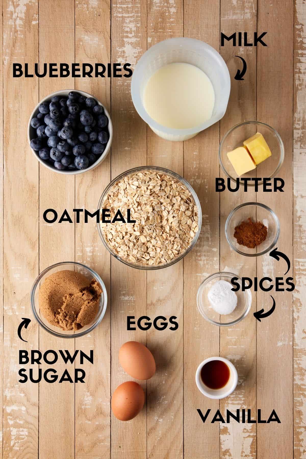 Ingredients needed to make blueberry oatmeal.