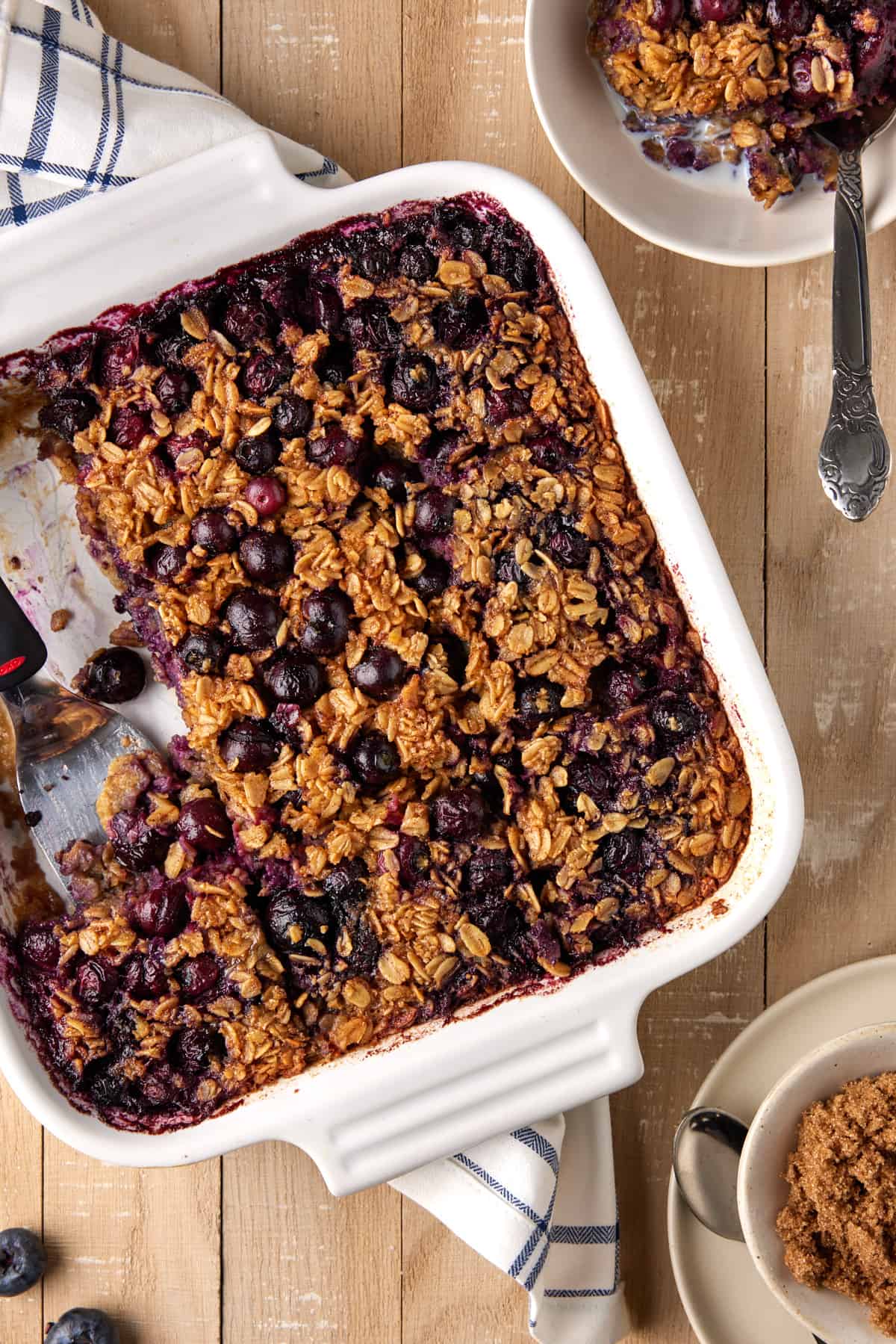 Blueberry baked oatmeal with brown sugar.