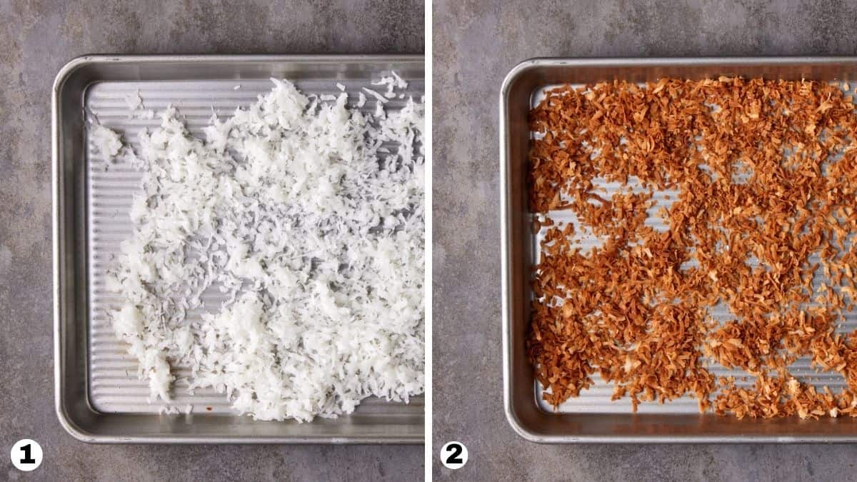 Raw and toasted coconut on sheet pans