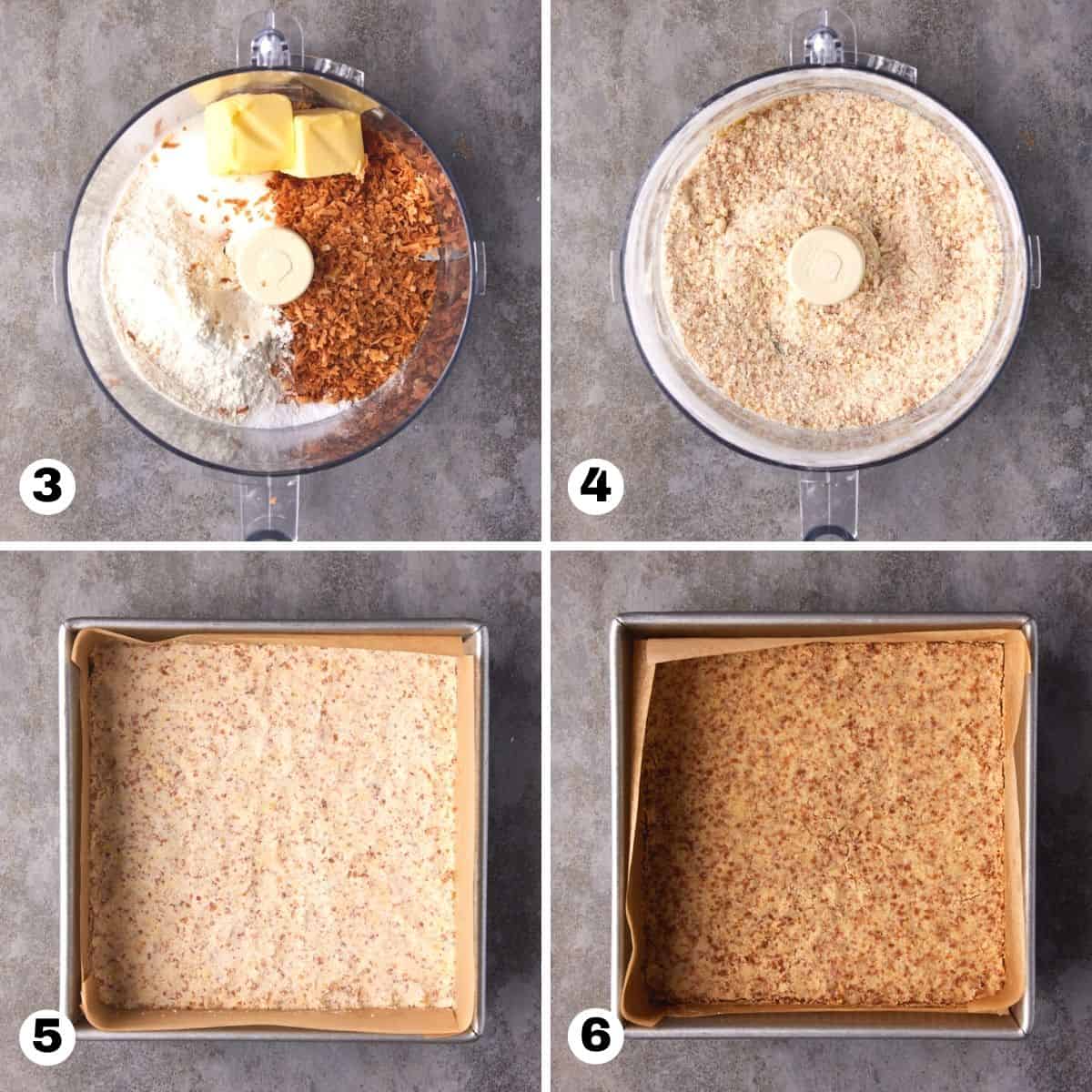 Crust ingredients in bowl of food processor and pressed into metal pan. 