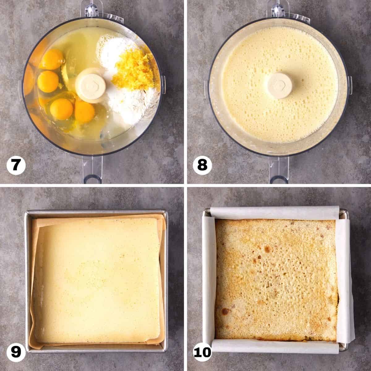 Lemon bar filling in bowl of food processor and poured over crust in metal pan. 