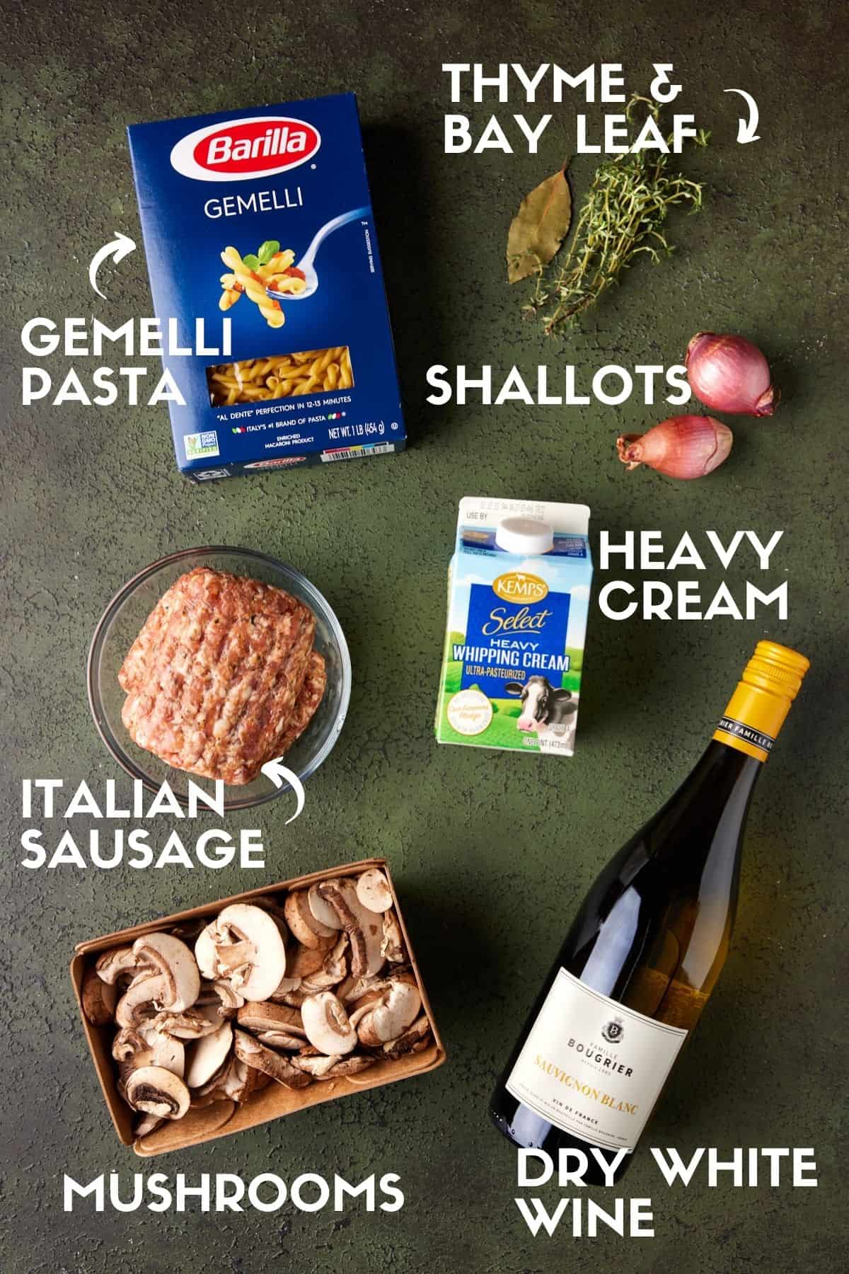 Gemelli pasta, Italian sausage, cream and white wine to make sausage and gemelli pasta recipe. 