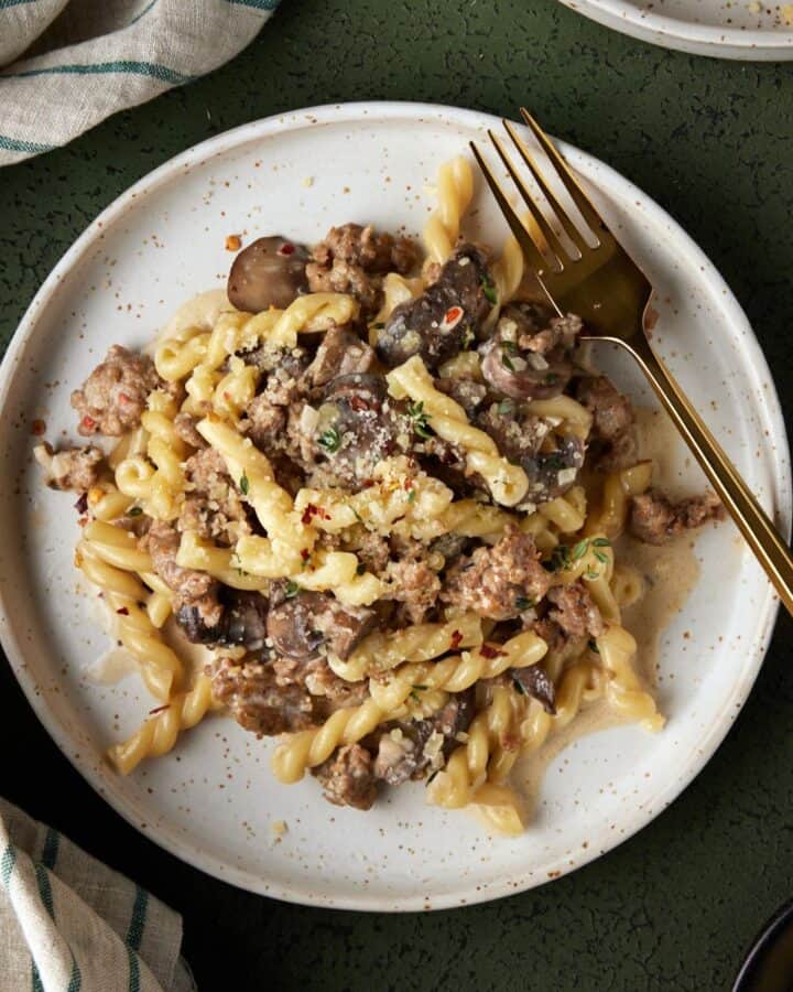Cream and brown speckled plate filled with sausage and gemelli pasta.
