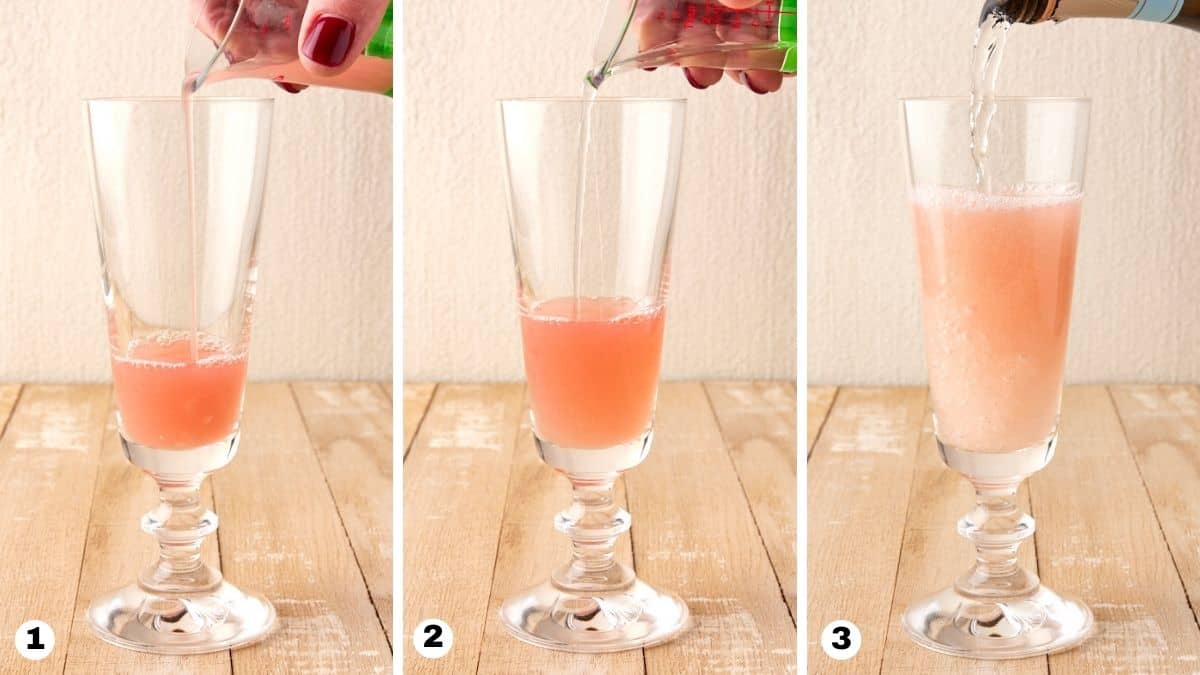 Hand pouring grapefruit juice and alcohol into fluted glass. 