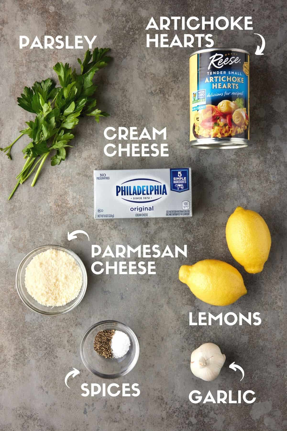 Ingredients needed to make lemon artichoke dip.