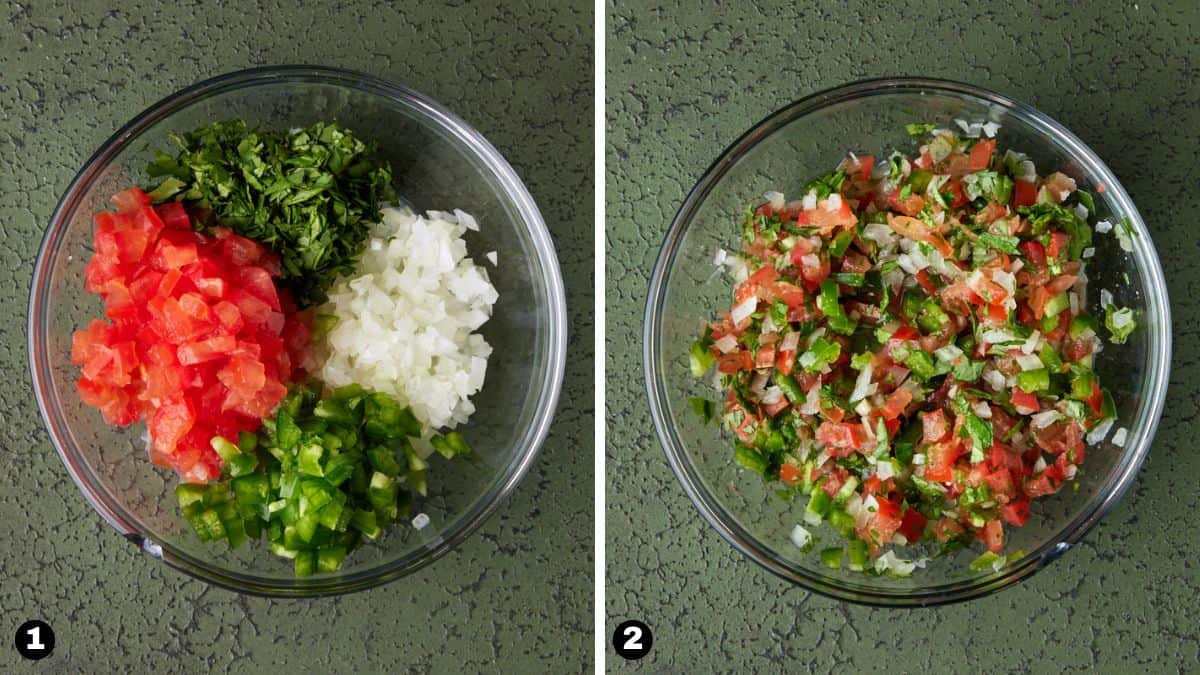 Pico de gallo ingredients piled in a glass bowl and stirred together.