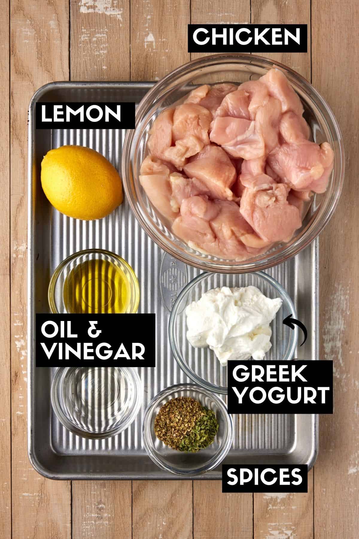 ingredients needed to make chicken souvlaki and marinade.