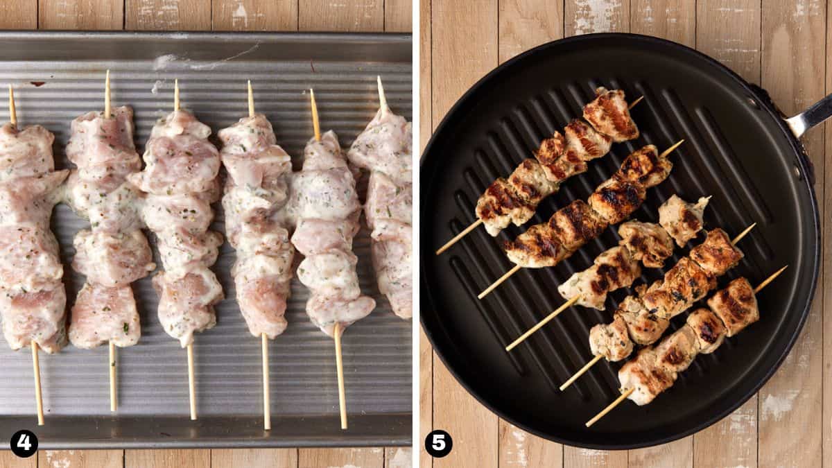 Marinated chicken chunks on skewers and in grill pan.