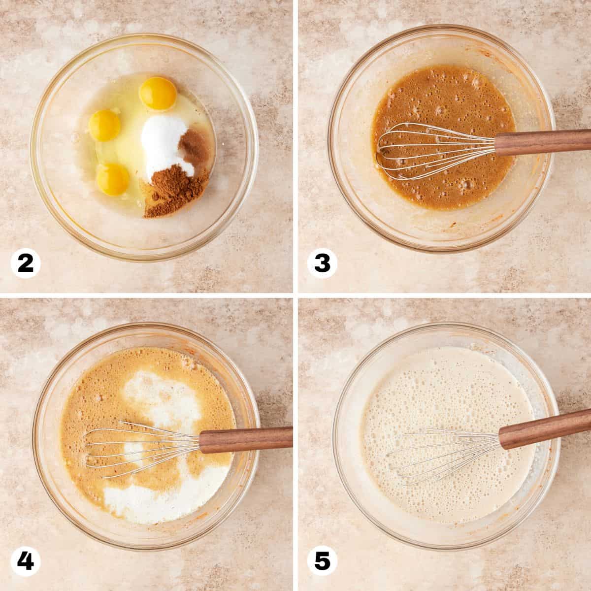 Glass bowls filled with ingredients for croissant bread pudding custard. 