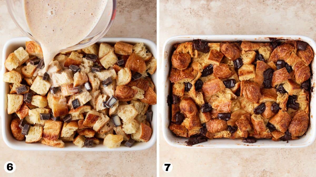 Casserole dishes filled with unbaked and baked croissant bread puddings. 