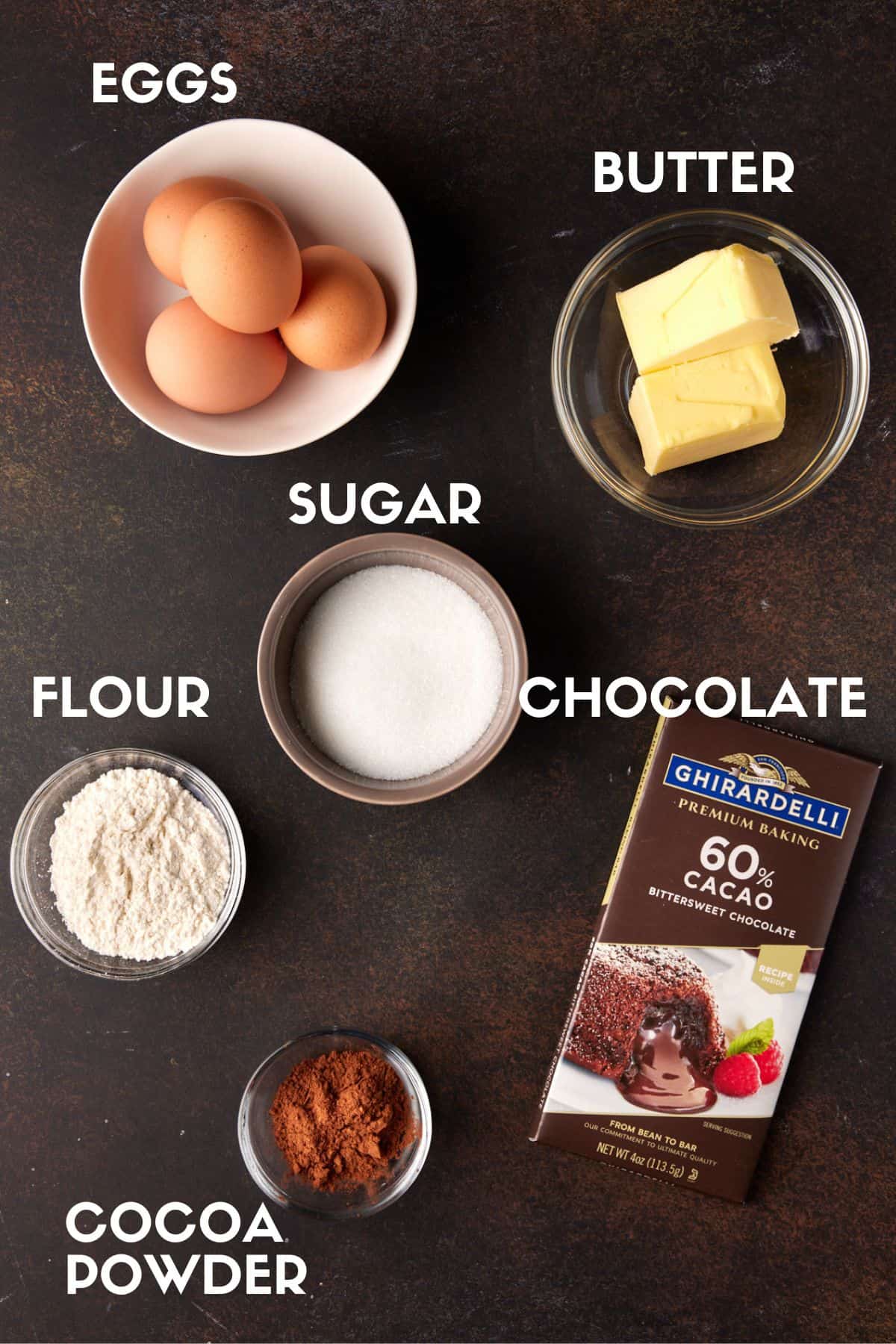 Ingredients for molten chocolate lava cakes including sugar,, eggs and chocolate. 