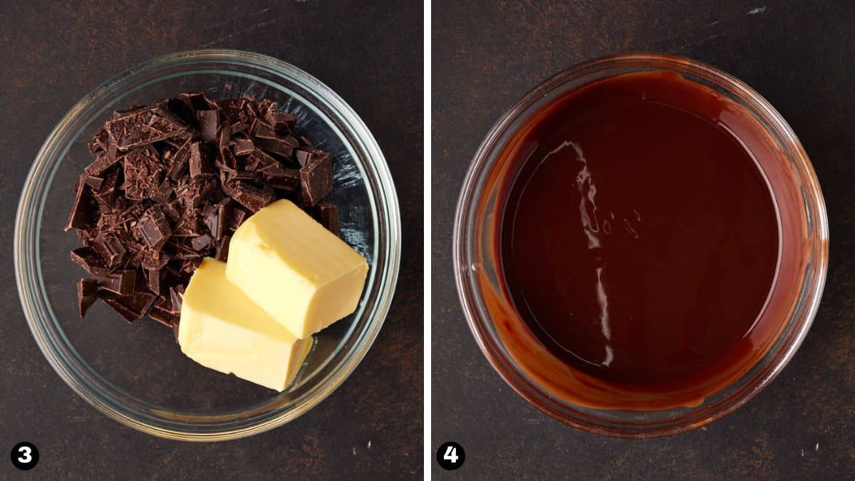 Chopped chocolate and butter in glass bowl next to melted chocolate in glass bowl. 