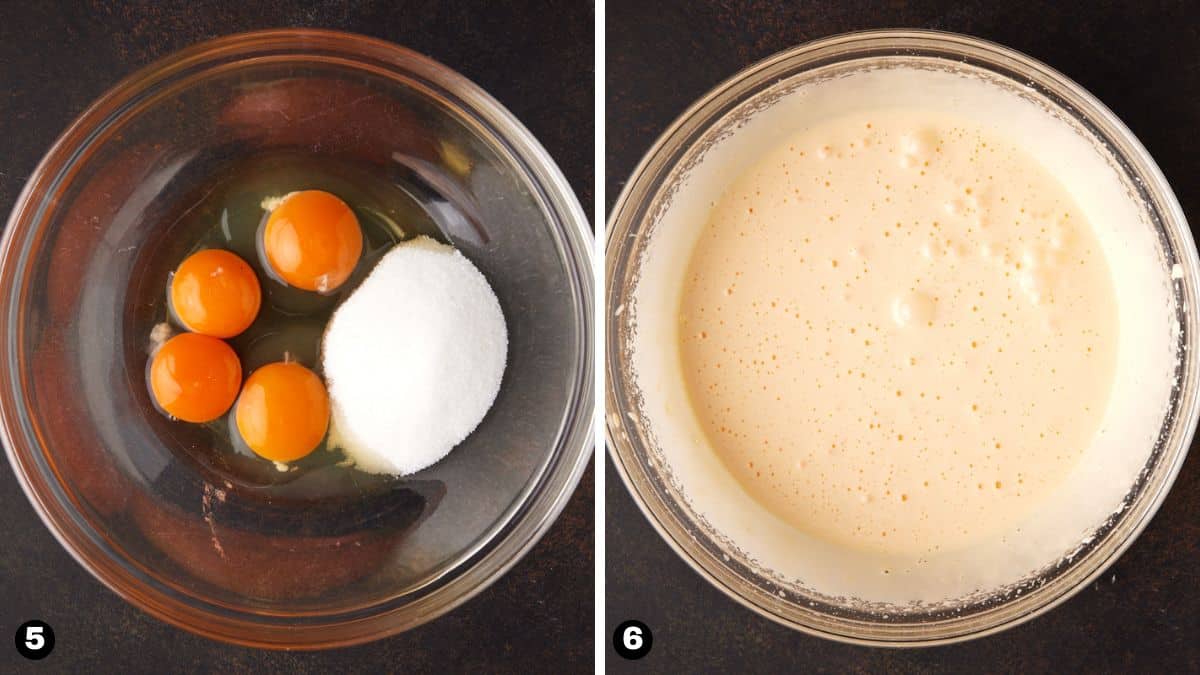 Glass bowl filled with eggs and sugar next to glass bowl with whipped batter. 