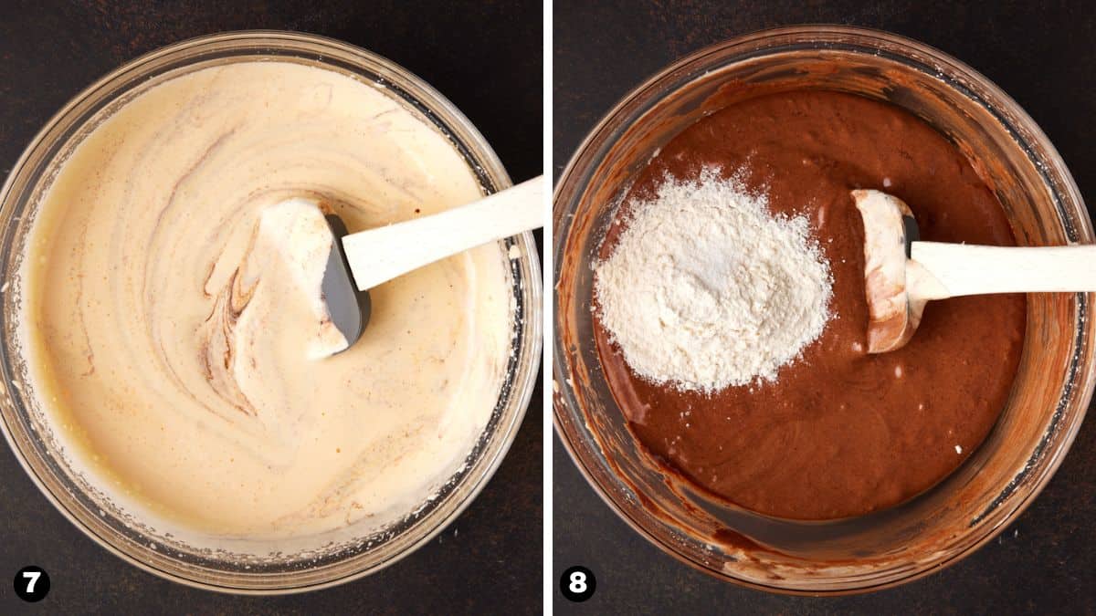 Chocolate cake batter mixed in a glass bowl. 