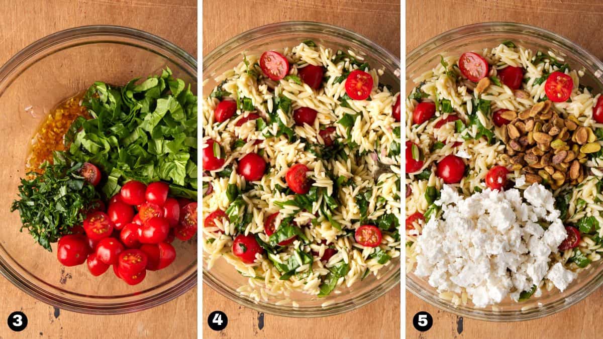 Glass bowls filled with orzo salad ingredients, including tomatoes, spinach, feta and cooked orzo. 