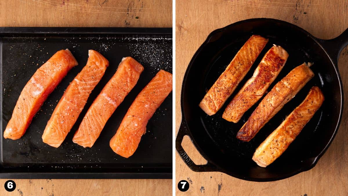 Raw salmon cuts on a sheet pan next to a cast iron skillet filled with seared salmon. 