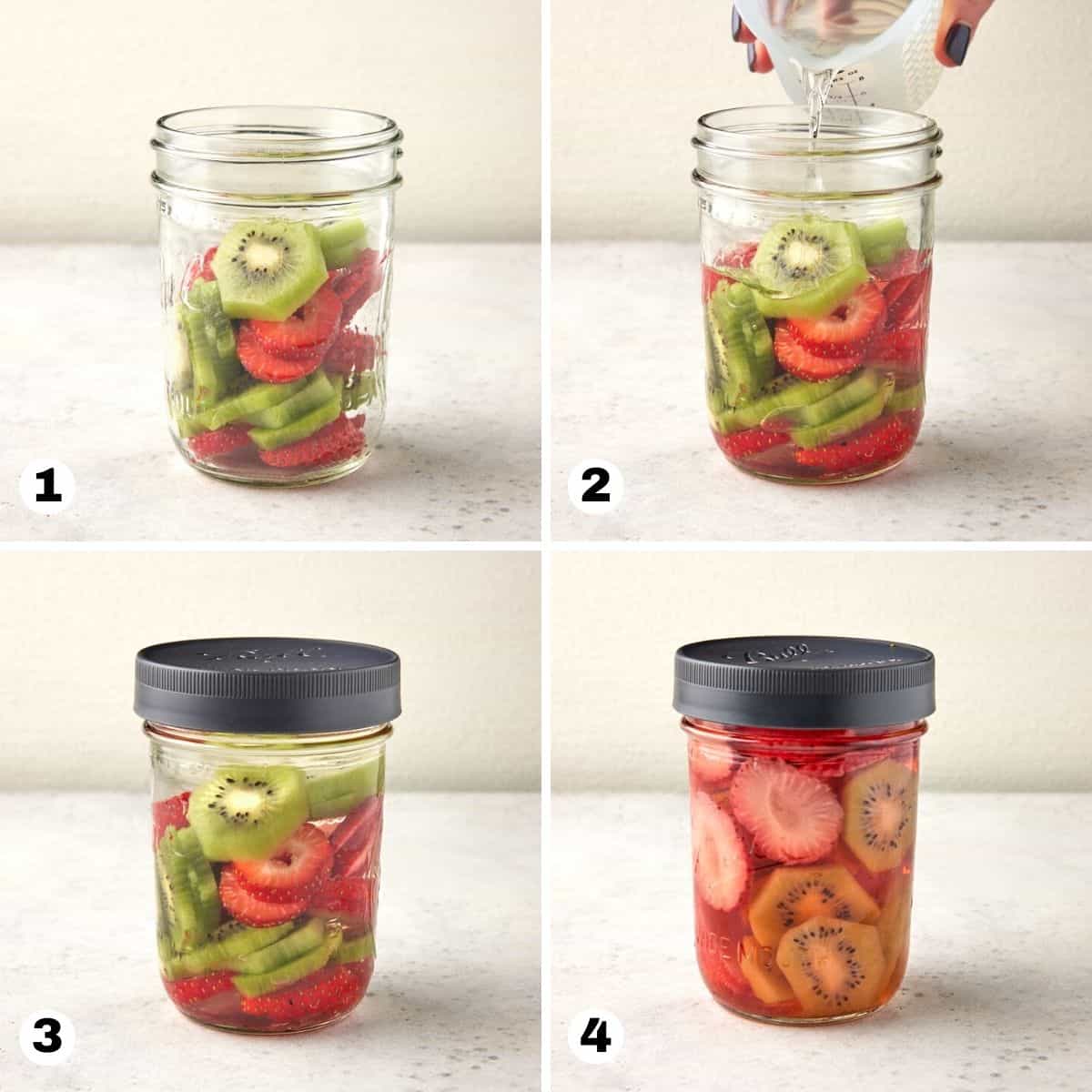 Hand pouring rum into mason jar filled with kiwi and strawberry slices. 