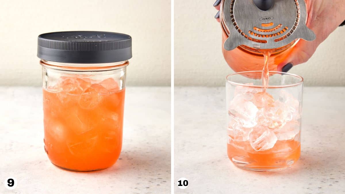 Covered shaker and straining cocktail into ice filled glass.