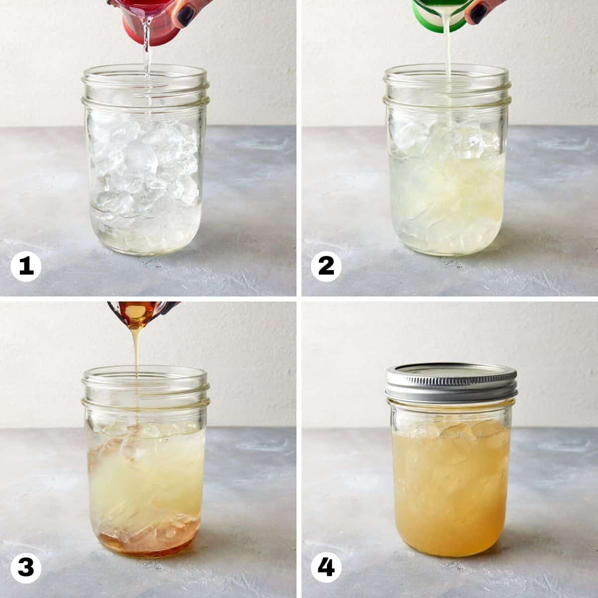 Steps to make a key lime margarita, pouring liquors and juices into shaker.