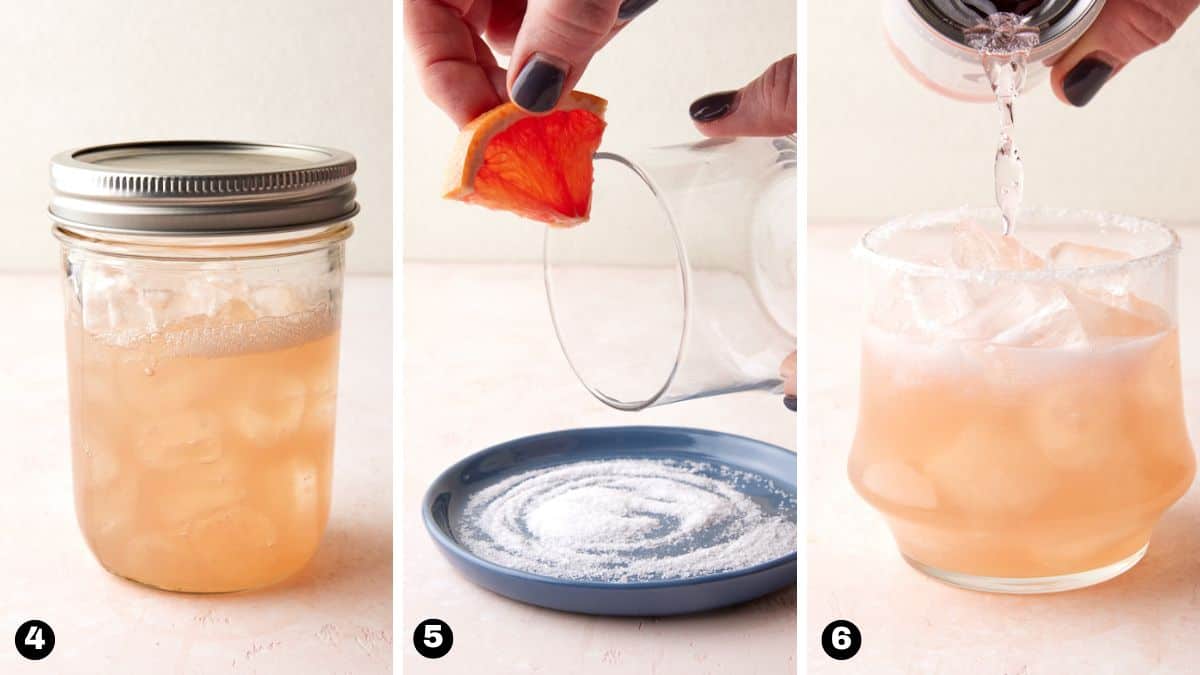 Cocktail in mason jar, hand rimming glass with grapefruit wedge and pouring cocktail into glass. 