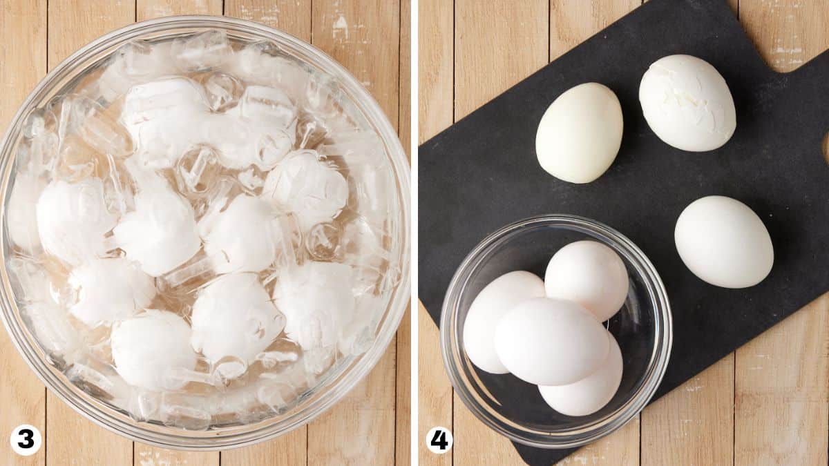 Ice water with boiled eggs in it. Boiled eggs peeled on cutting board.