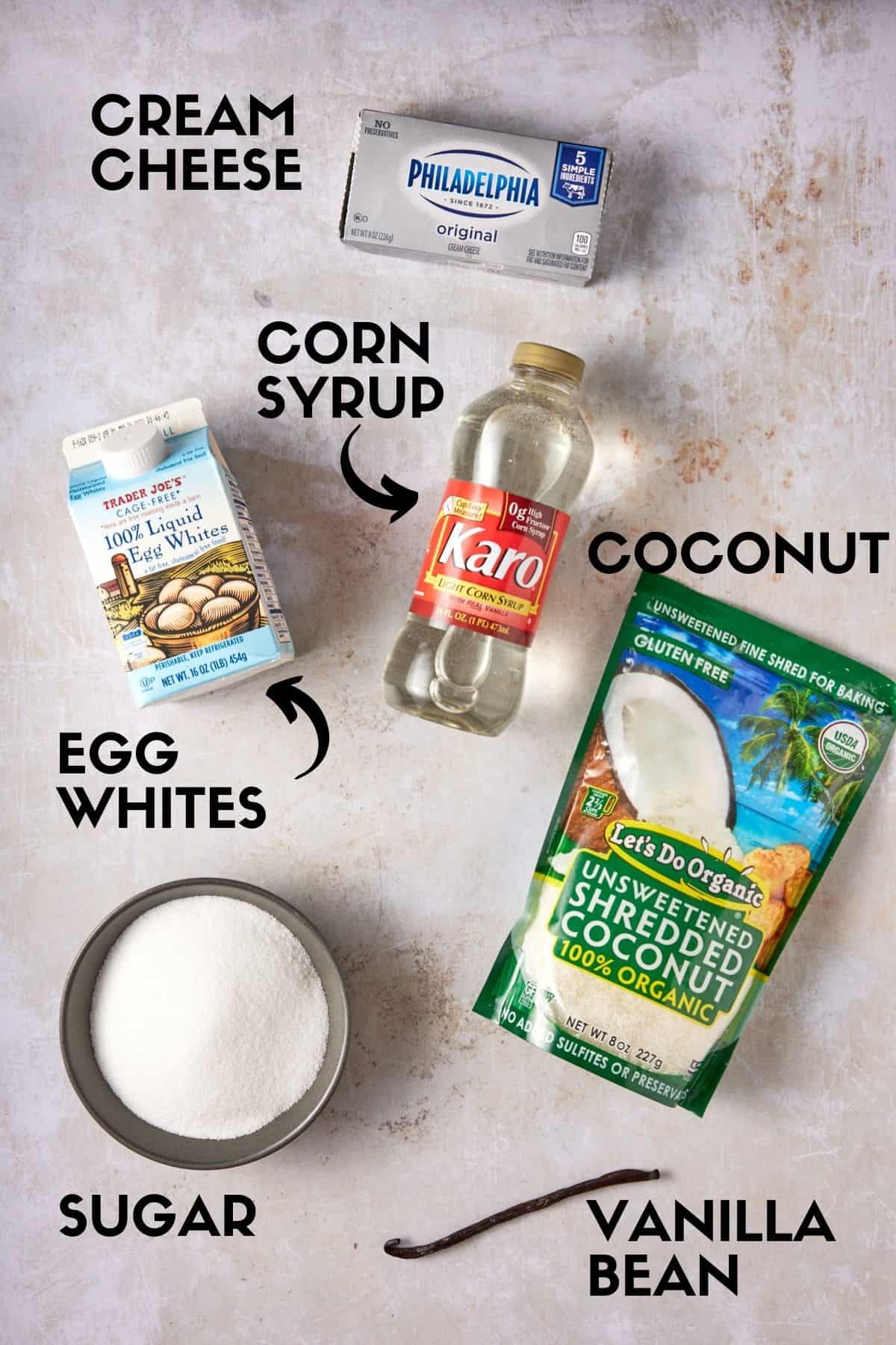 Coconut macaroon ingredients including coconut, sugar, egg whites and vanilla. 