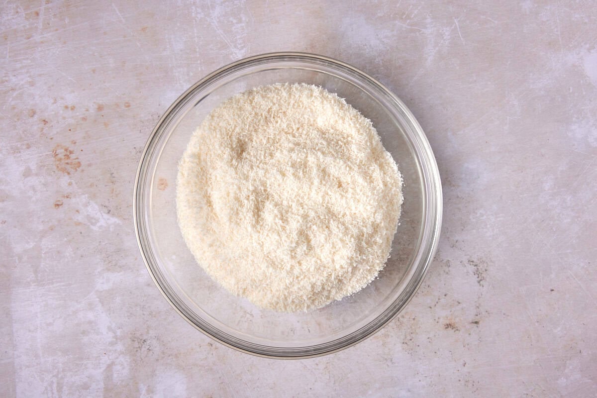 Dessicated Coconut in a glass bowl.