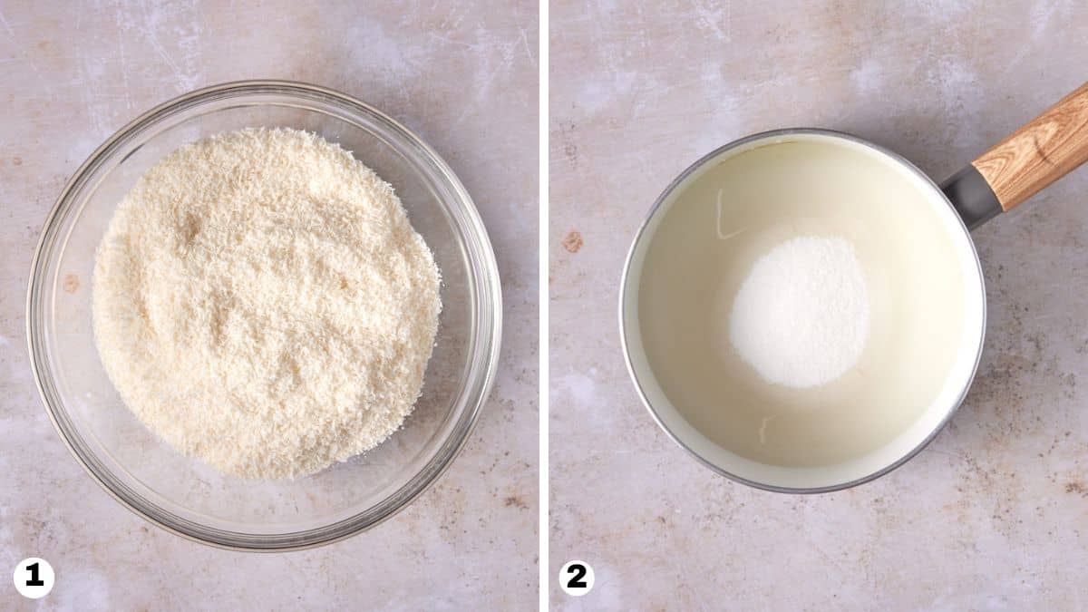 Glass bowl of dried coconut and white saucepan filled with water and sugar. 