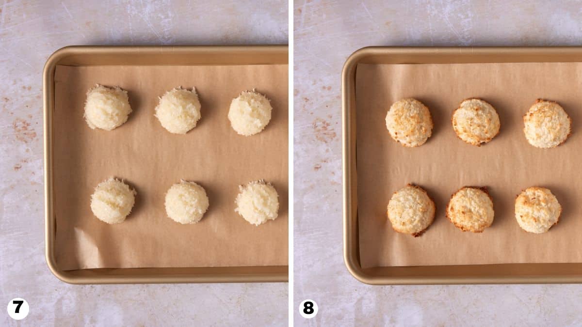 Unbaked and baked coconut macaroons on two cookie sheets. 