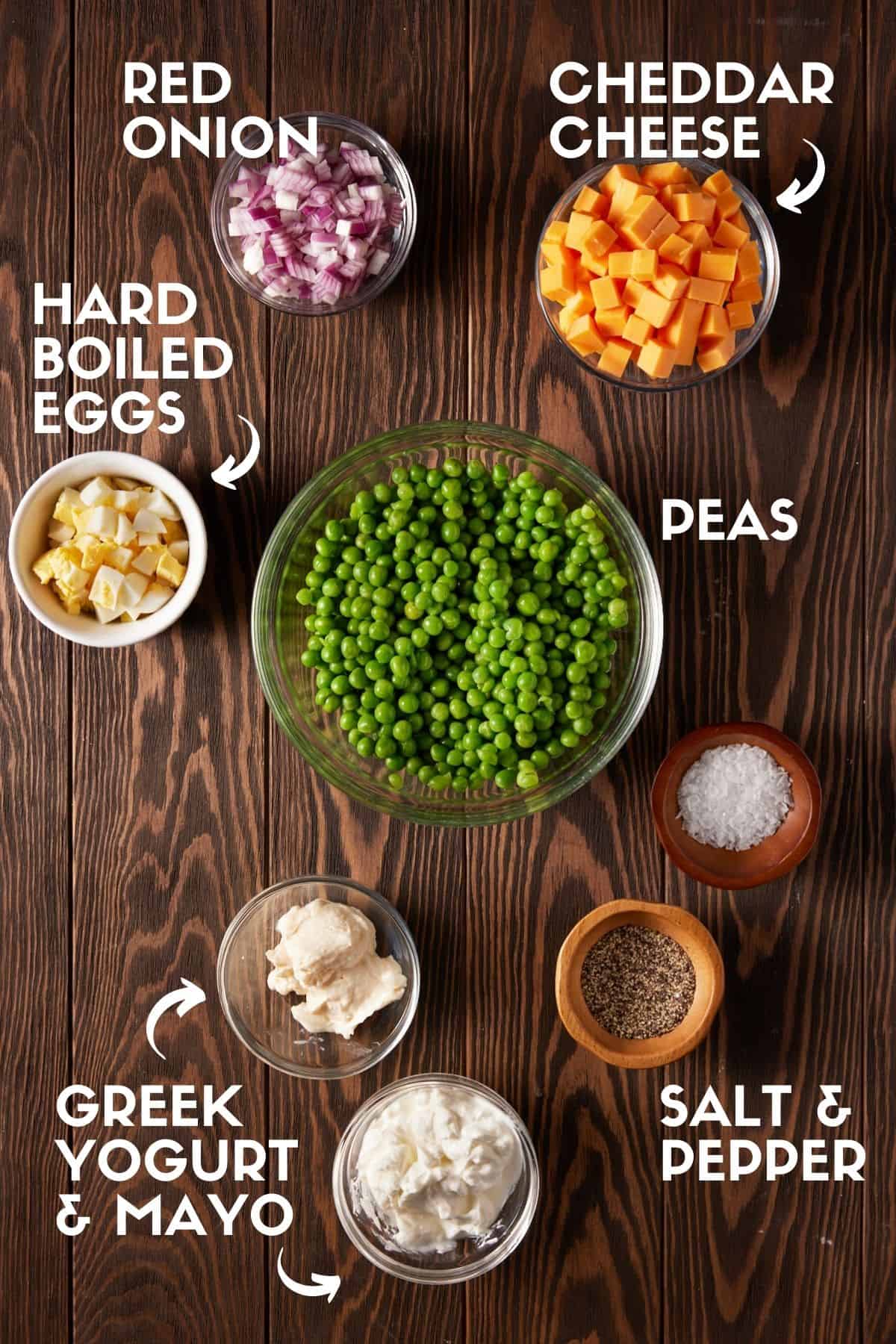 Ingredients needed for pea and cheese salad.