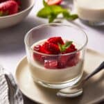 Vanilla bean panna cotta in a glass ramekin topped with chopped strawberries.