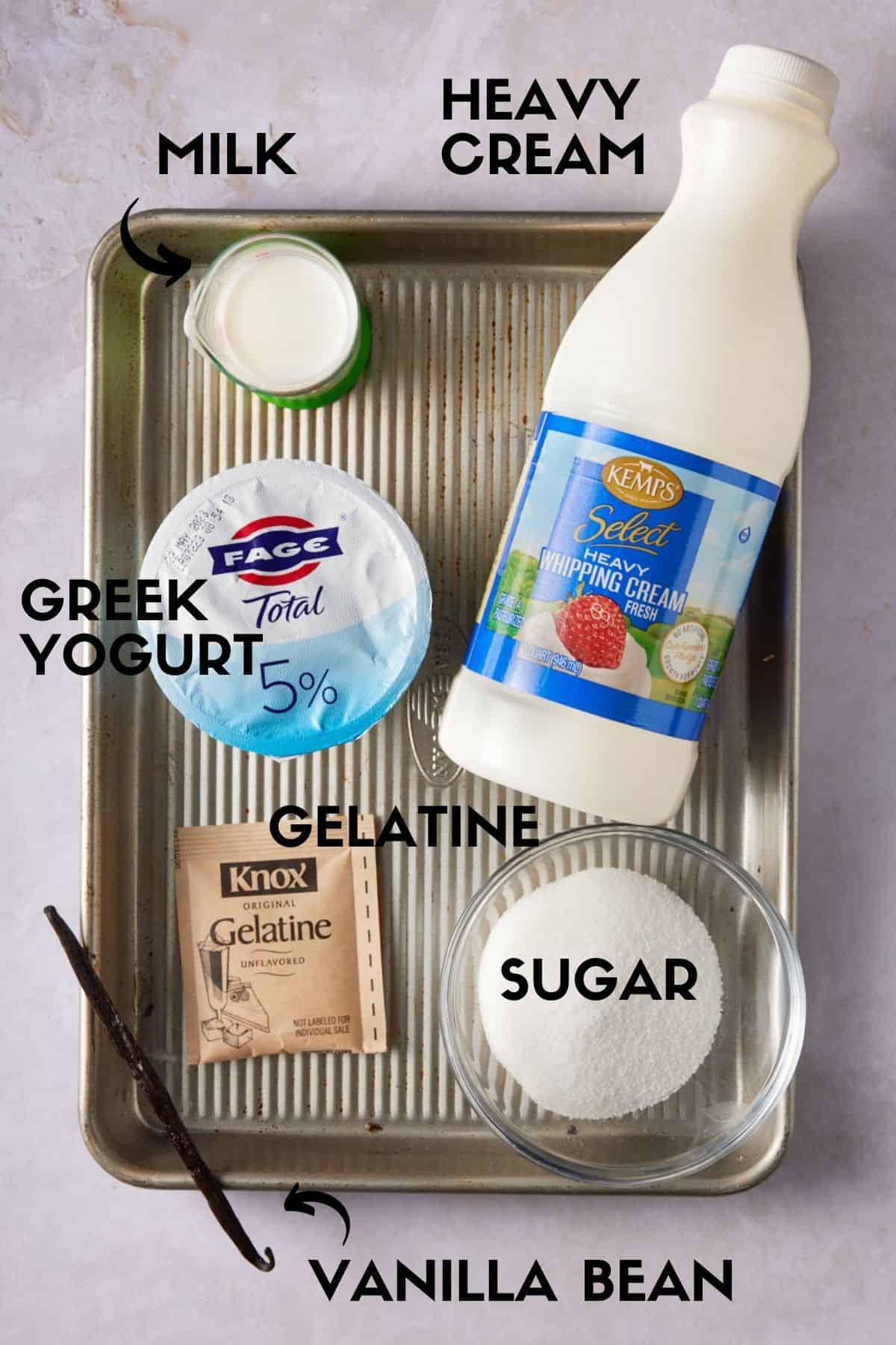 Heavy cream, milk, sugar, gelatin, vanilla bean and Greek yogurt on a metal sheet pan. 