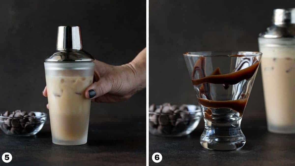 hand holding shaker and cocktail glass swirled with chocolate sauce