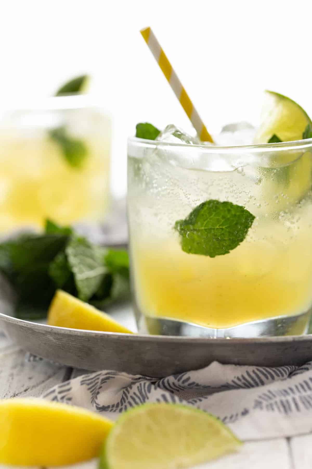 close up: bootlegger drinks in low ball glasses with fresh mint leaves and lemon wedges for garnish