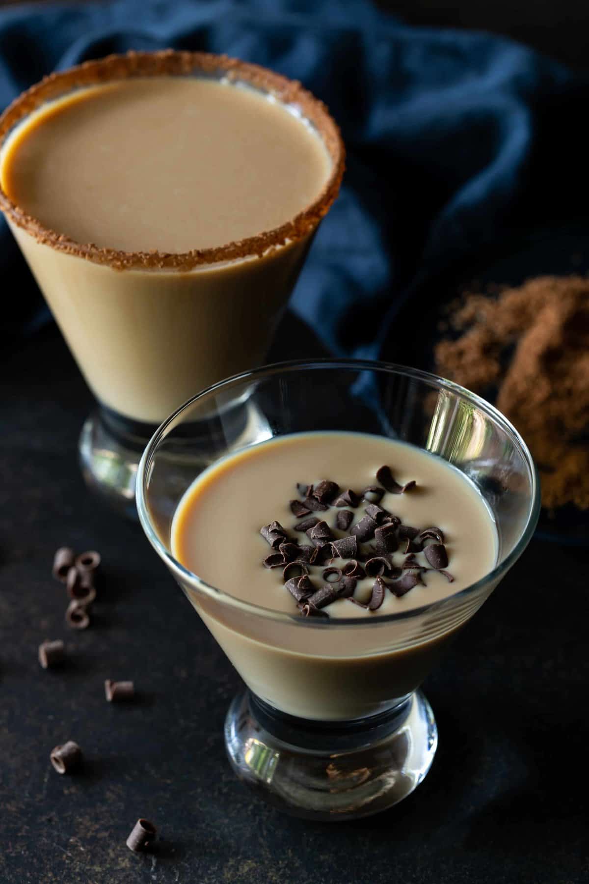 martinis on a table with chocolate and cocoa