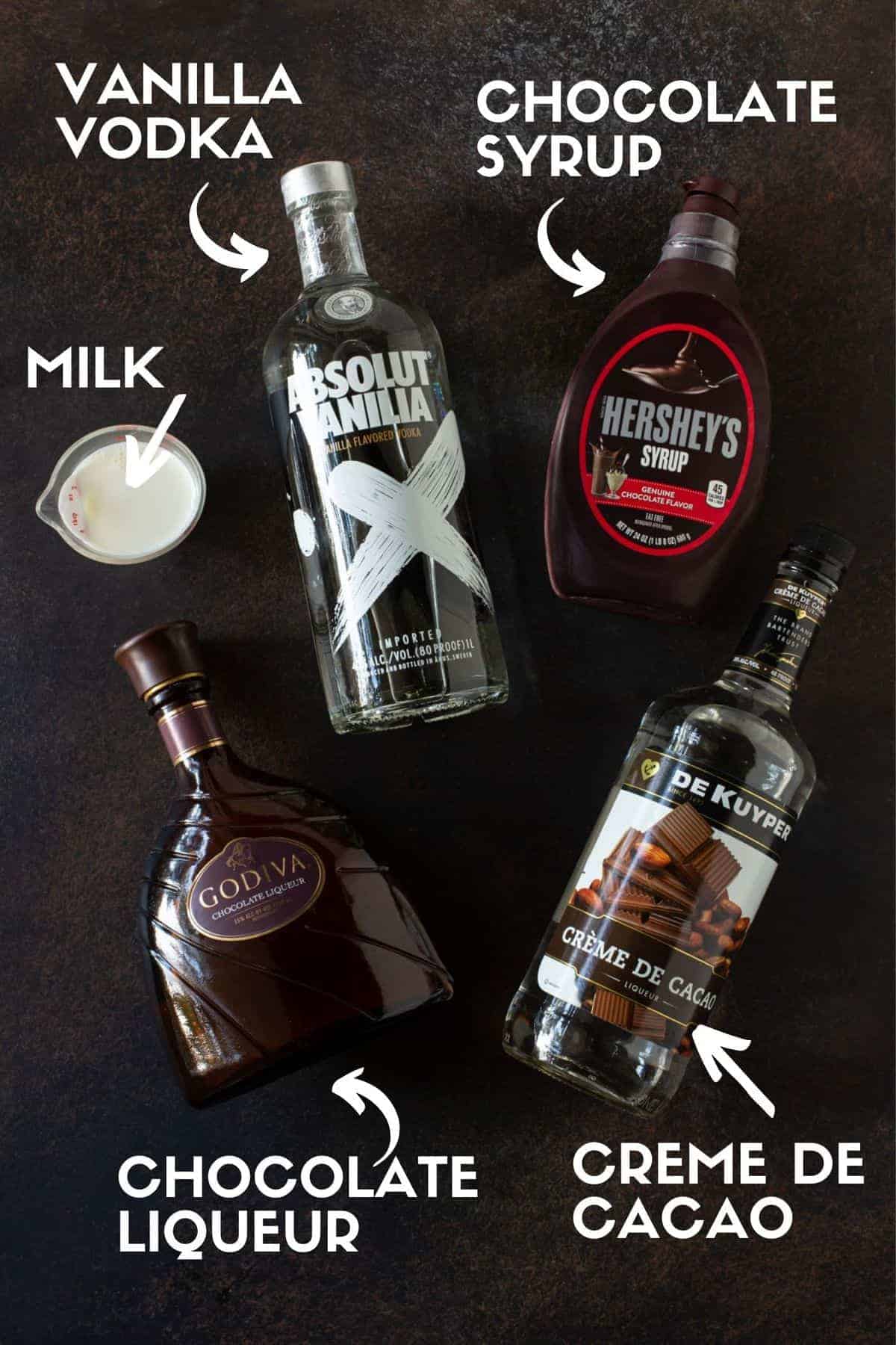 overhead: bottles of alcohol needed to make chocolate martini