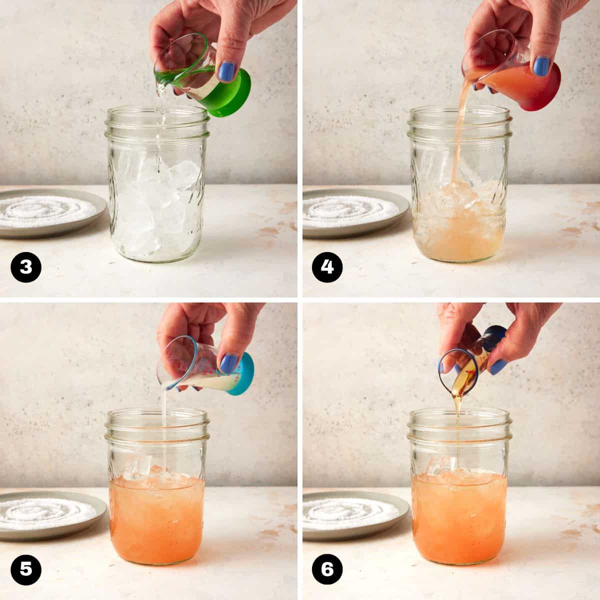 Pouring tequila, grapefruit juice, lime juice and agave into ice-filled jar.