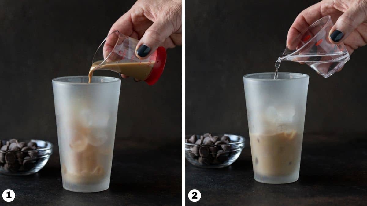 hand pouring liqueur into a shaker