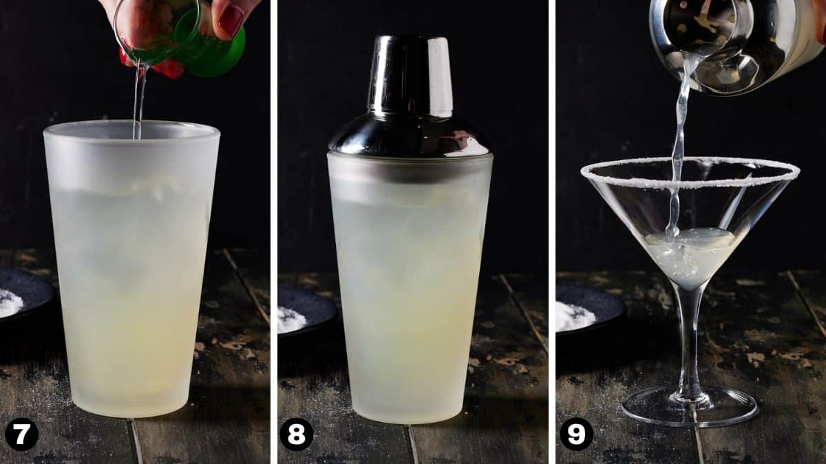 Pouring simple syrup into shaker, covered shaker and straining lemon drop martini into sugar rimmed glass.