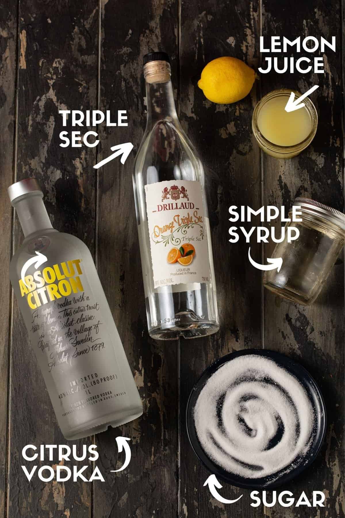 Overhead: lemon drop martini ingredients .
