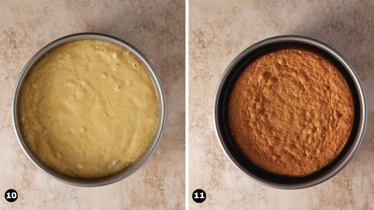Two cake pans, one with unbaked batter and one with baked cake. 